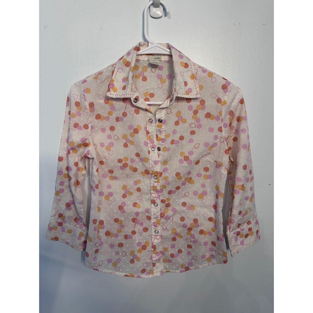 Odille Anthropologie Fruit Heart Swiss Dot Snap Button Blouse White Pink Size 2 - Picture 1 of 6